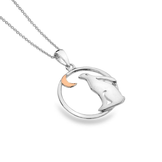 silver and rose gold plated detail hare and moon in a circle pendant