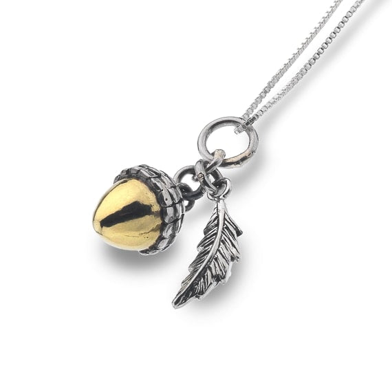 silver and brass acorn and leaf pendant