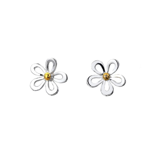 silver and gold plated detail open cut daisy stud earrings