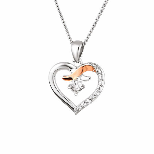 Clogau real silver, white zircon and rose gold detail heart pendant with a real silver chain