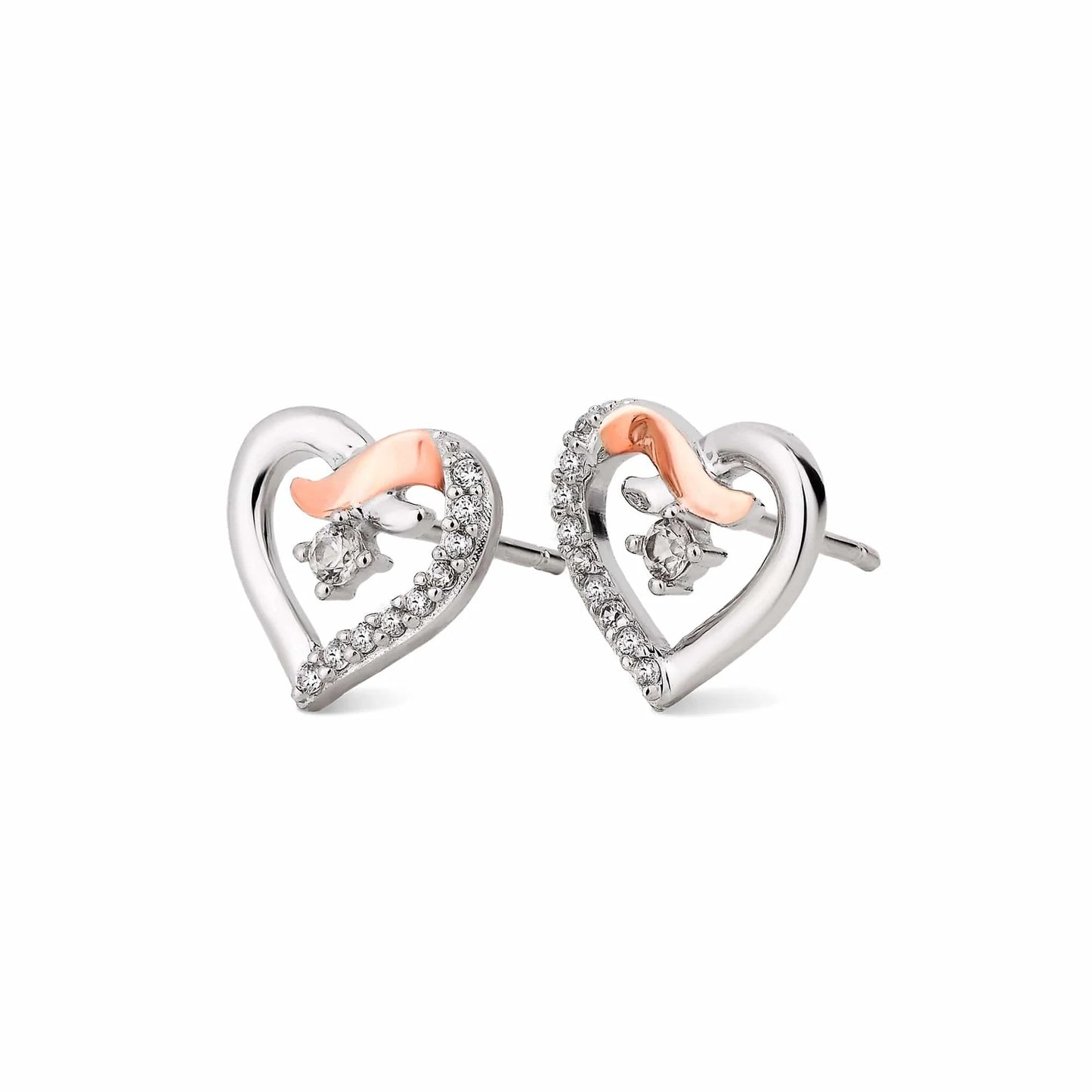 Clogau real silver, white zircon and rose gold detail heart shaped stud earrings