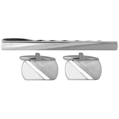 Polished & brushed Rhodium diagonal Cufflink & Tie Slide Set