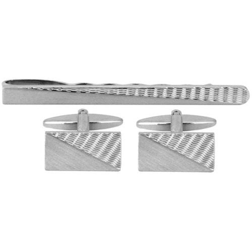 Brushed rhodium half engine turned patterned cufflink and tie slide set