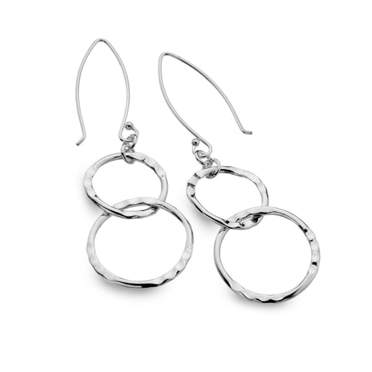 silver hammered interlocking circle drop earrings