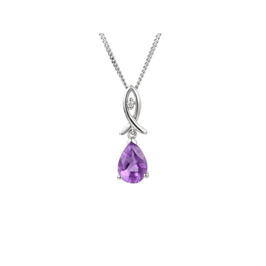 silver cubic zirconia and amethyst twisted teardrop pendant