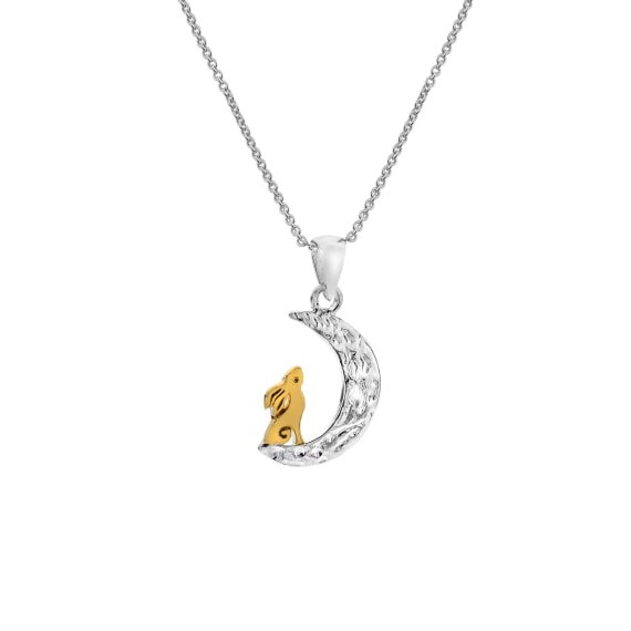 silver and gold plated detail hare on a moon pendant