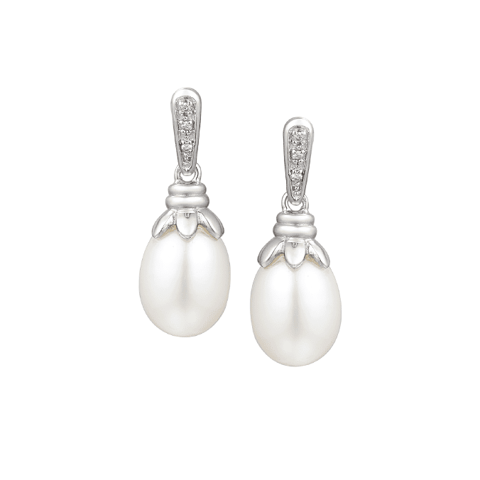Real silver, freshwater pearl and cubic zirconia drop earrings
