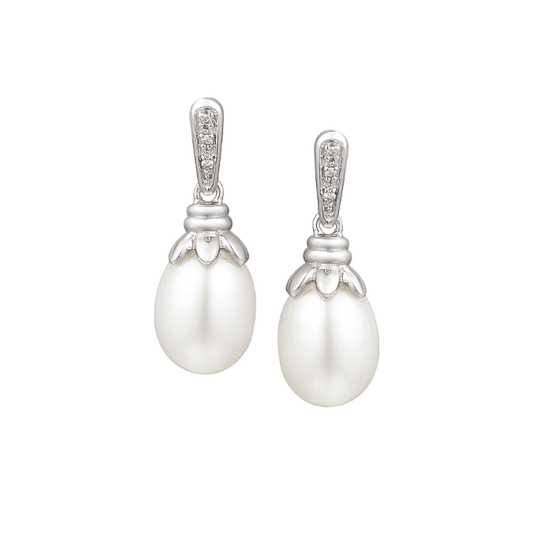 Silver, freshwater pearl and cubic zirconia drop earrings