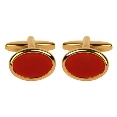 Yellow gold tone cufflinks with oval Carnelian gemstone