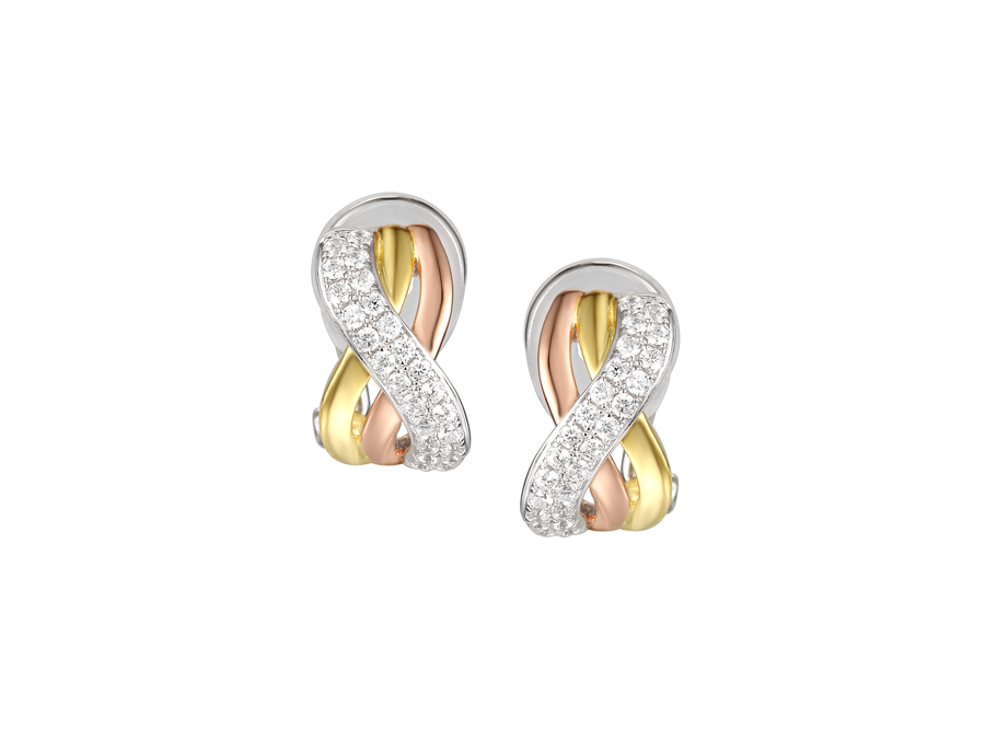 Silver and cubic zirconia clip on earrings with yellow and rose gold detail