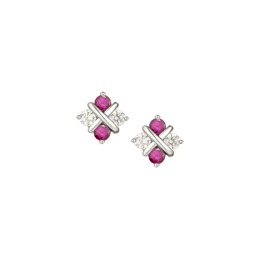 silver cubic zirconia and ruby square stud earrings