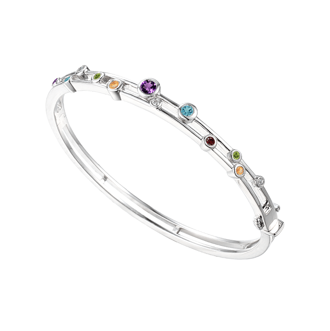 Silver and mixed semi precious stone bubble style bangle