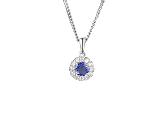 silver, Tanzanite and cubic zirconia round cluster pendant