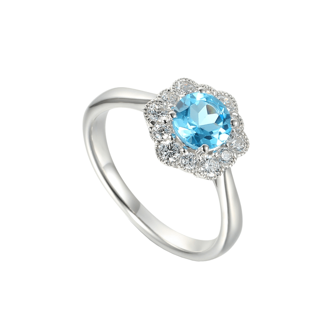 Silver, blue topaz and cubic zirconia hexagon halo ring