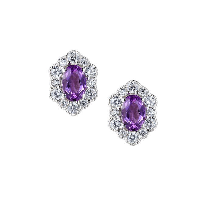 Silver hexagon stud earrings with an oval Amethyst and Cubic Zirconia halo