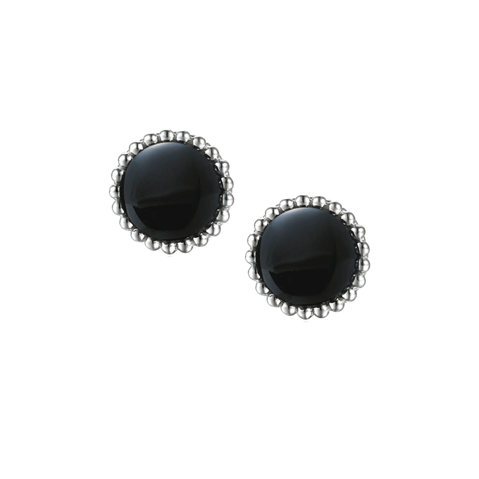 Silver and black agate round stud earrings with beaded edge detail