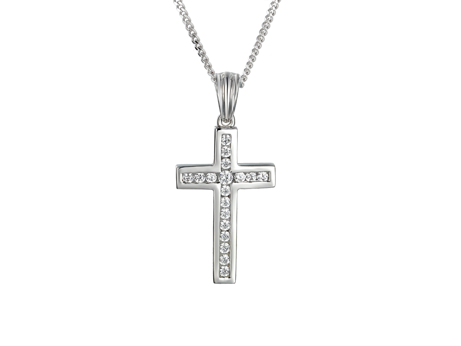 Silver and Cubic Zirconia channel set cross pendant on a silver chain