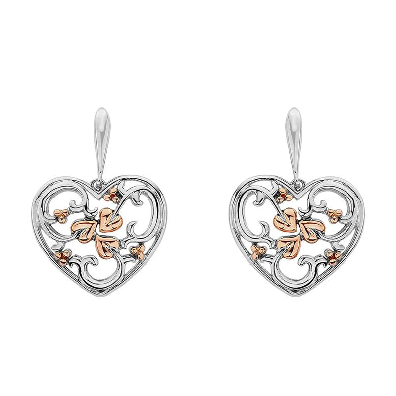 Clogau real silver and rose gold detail heart shaped drop earrings