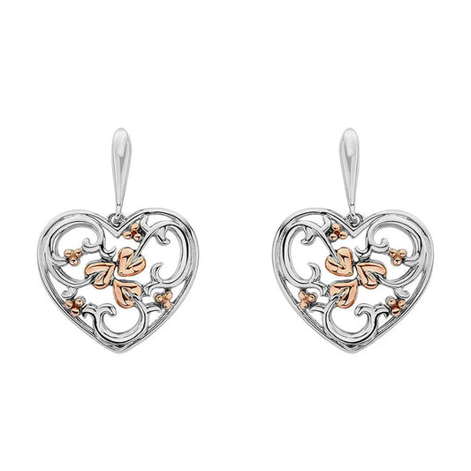 Clogau real silver and rose gold detail heart shaped drop earrings