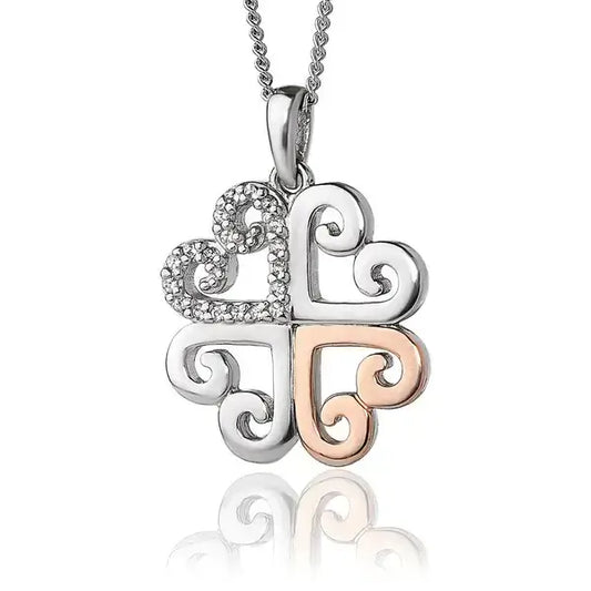 Clogau real silver, rose gold and white topaz heart cluster pendant on a chain