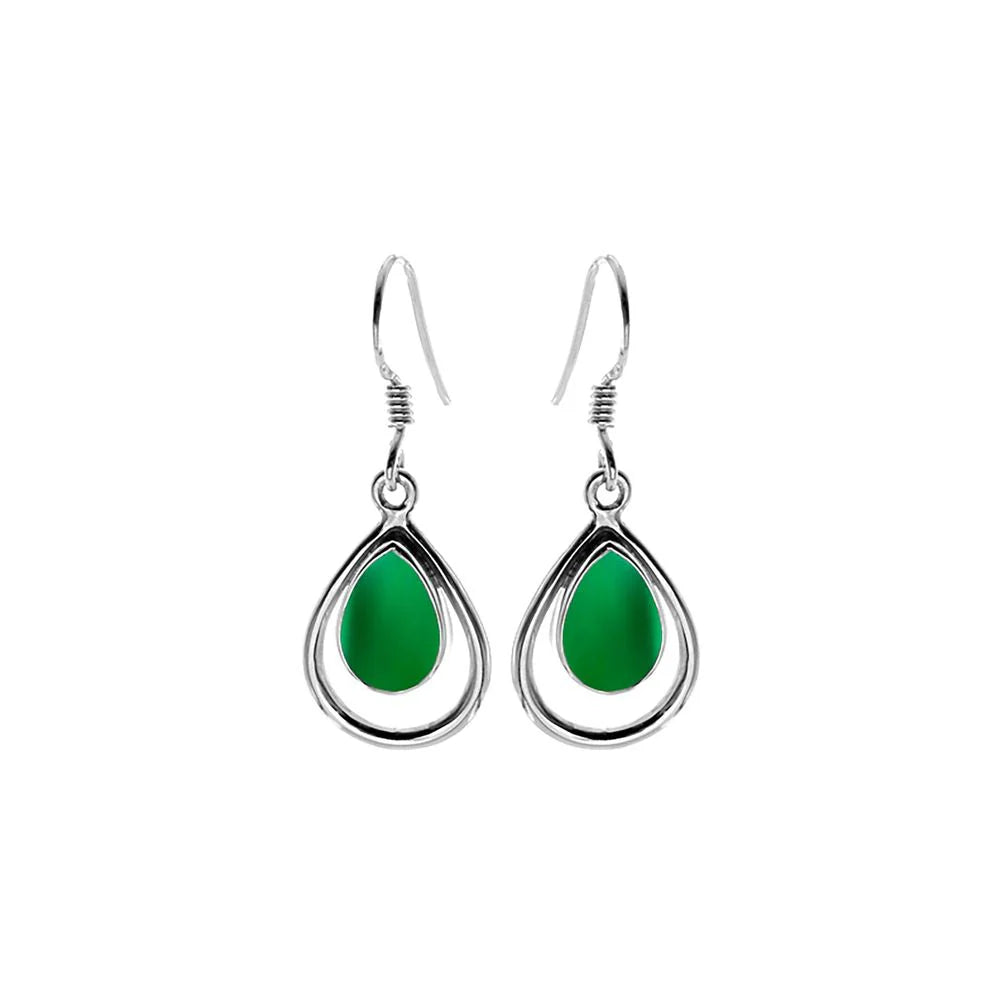 Silver framed Green Agate drop earrings.