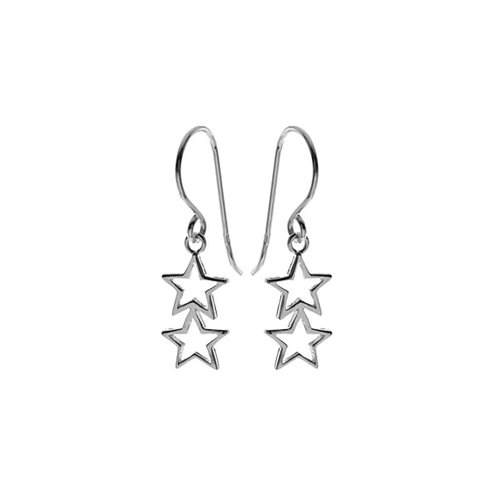 Silver double star outline drop earrings.