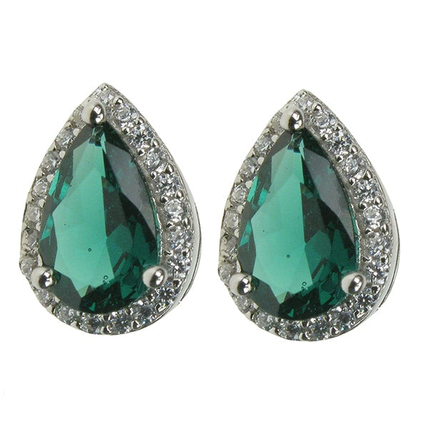 Silver and Created Emerald teardrop stud earrings with Cubic Zirconia halo