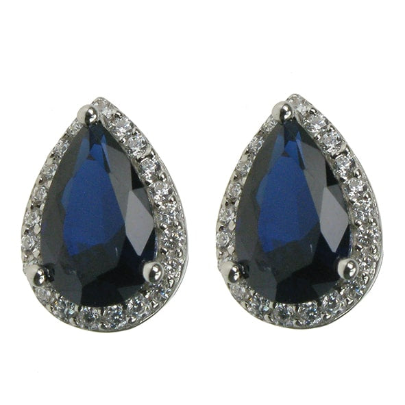 Silver and Created Sapphire teardrop stud earrings with Cubic Zirconia surround