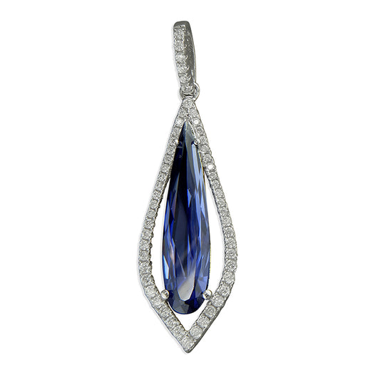 silver with blue and white cubic zirconia open cut marquise pendant