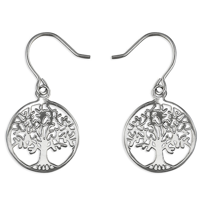 Silver Tree of Life circle drop earrings