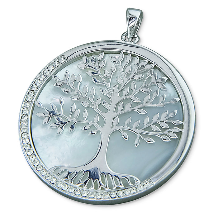 Silver and Mother-of-pearl Tree-of-life disc with cubic zirconia