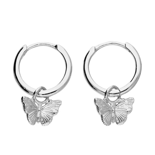 Silver Butterfly charm on hinged hoop earrings