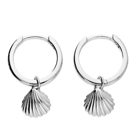 Silver seashell charm on hinged hoop earrings