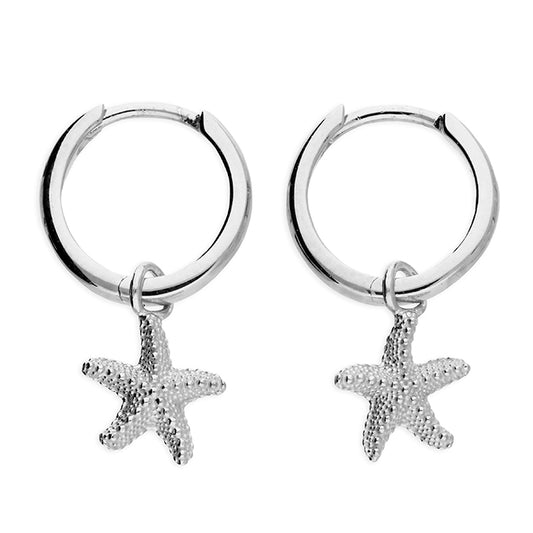 Silver starfish charm on hinged hoop earrings