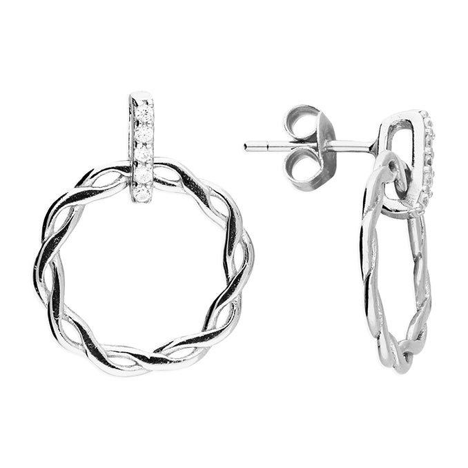 Silver entwined circle on a cubic zirconia pendant and earrings set