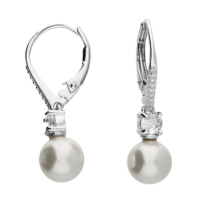 Silver Classic shell pearl on a cubic zirconia hinged hook earrings