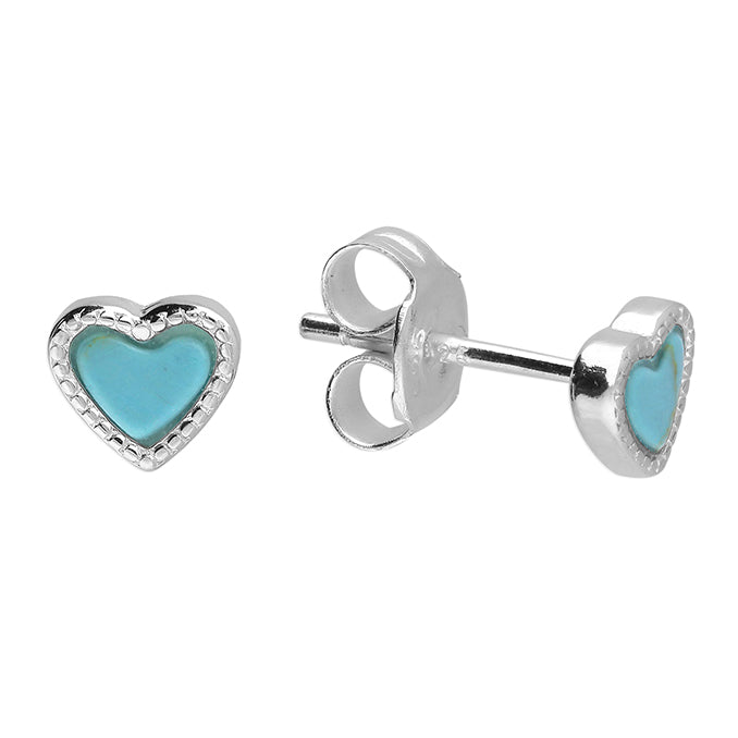 Silver and Synthetic turquoise heart stud earrings with beaded edge