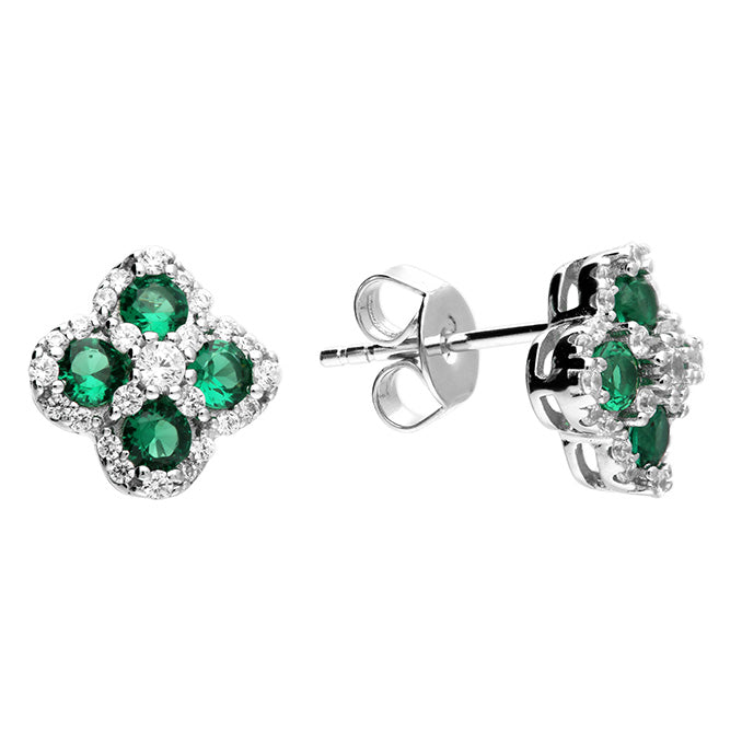 Silver clover with green and white cubic zirconia pendant and earring set