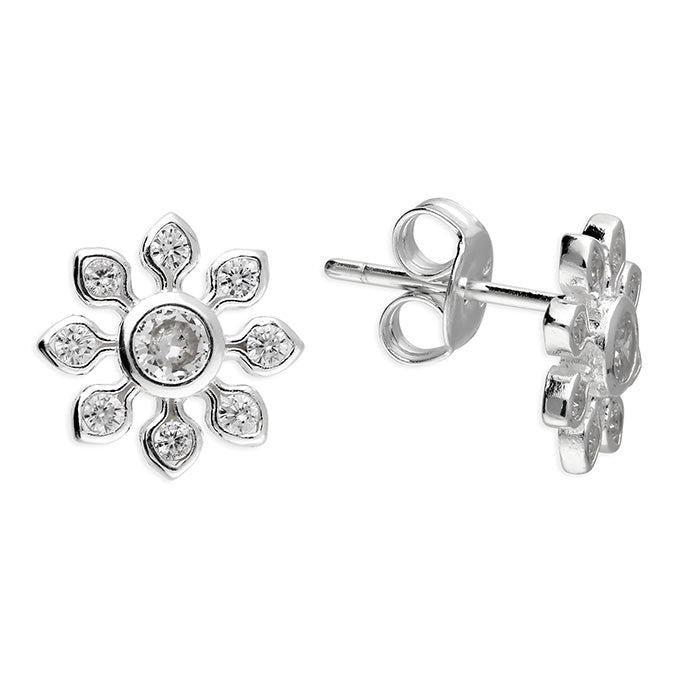 Silver and Cubic Zirconia flower stud earrings