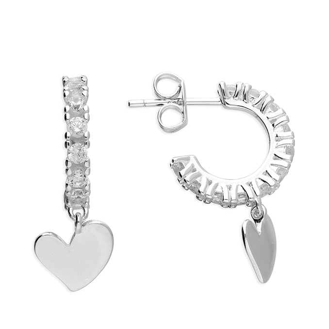 SILVER AND CUBIC ZIRCONIA HEART HOOP EARRINGS