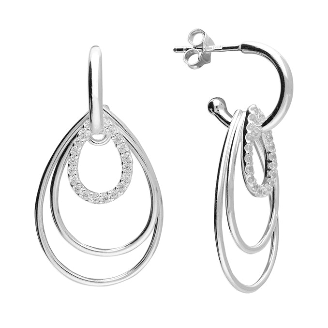 Silver Oval triple stud hoop with cubic zirconia earrings