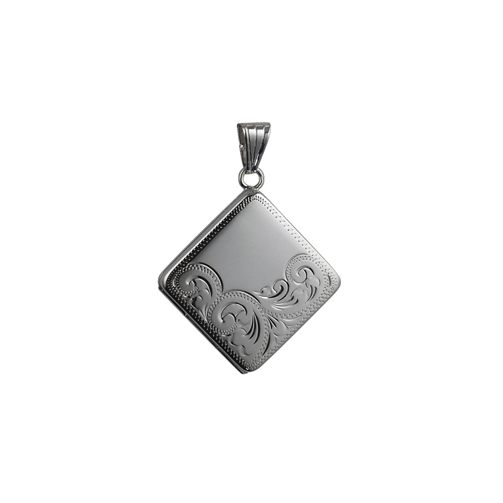 silver half engraved flat diamond shaped locket on a silver chain