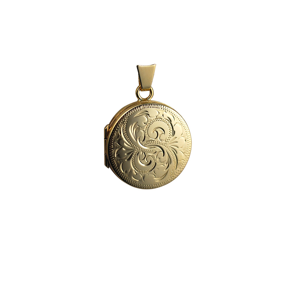 9ct gold flat circlular engraved locket and chain