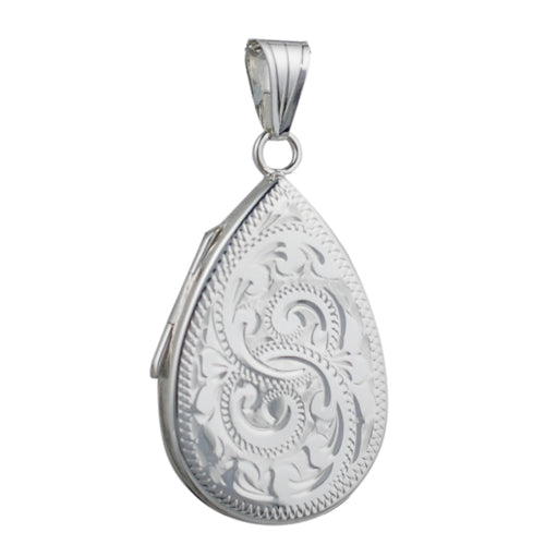 silver pattern engraved teardrop shaped locket and silver chain