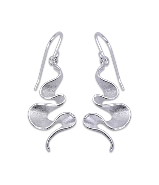 Silver wavy ribbon style drop earrings