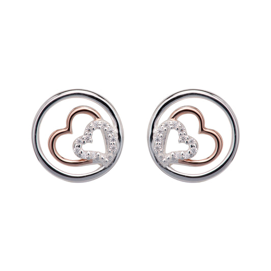 Silver, Rose Gold detail and Cubic Zirconia circular heart stud earrings