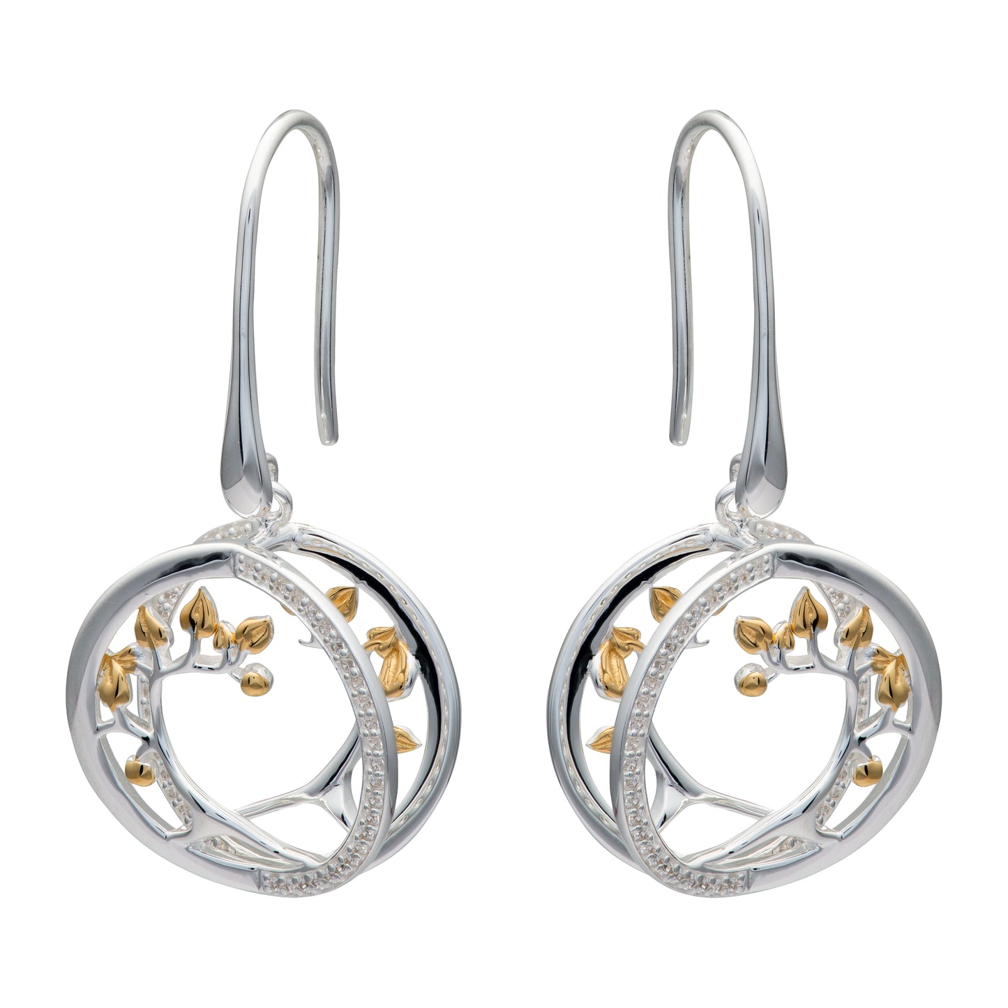 Silver, yellow gold plated detail and cubic zirconia branch drop earrings