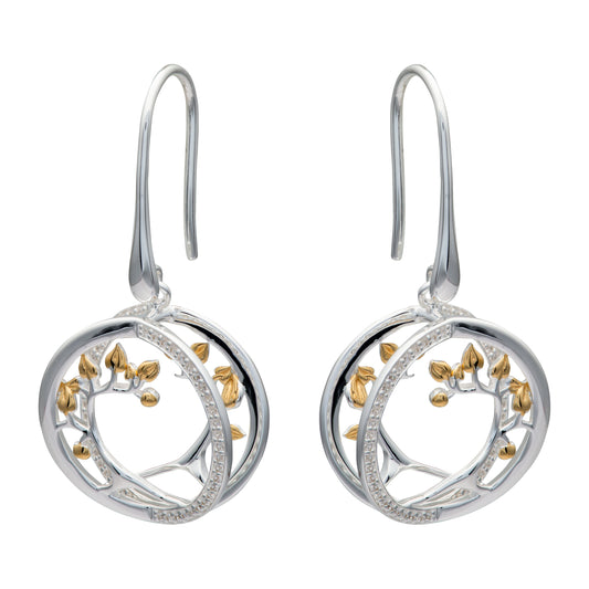 Silver, yellow gold plated detail and cubic zirconia branch drop earrings