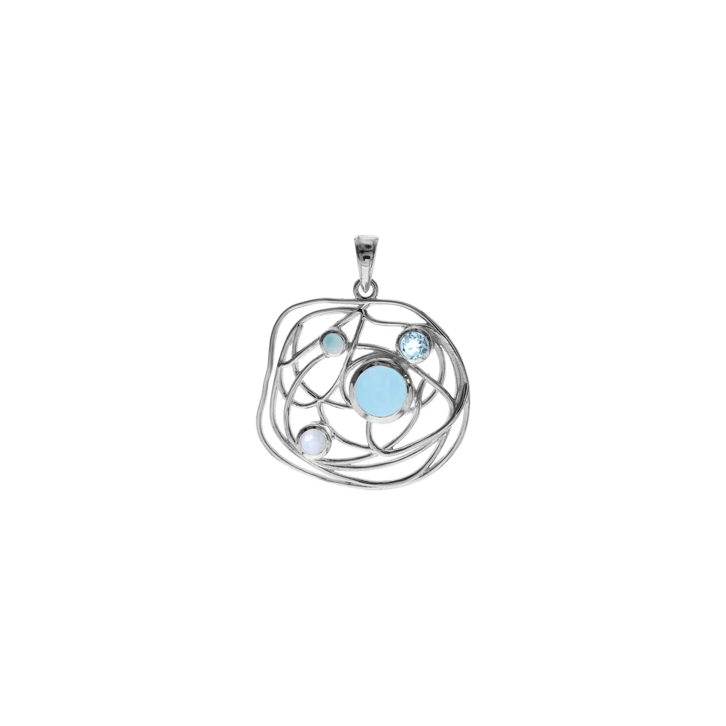 Silver blue semi precious stone wire pendant.