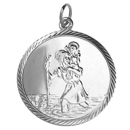 Silver diamond cut edge round St Christopher pendant